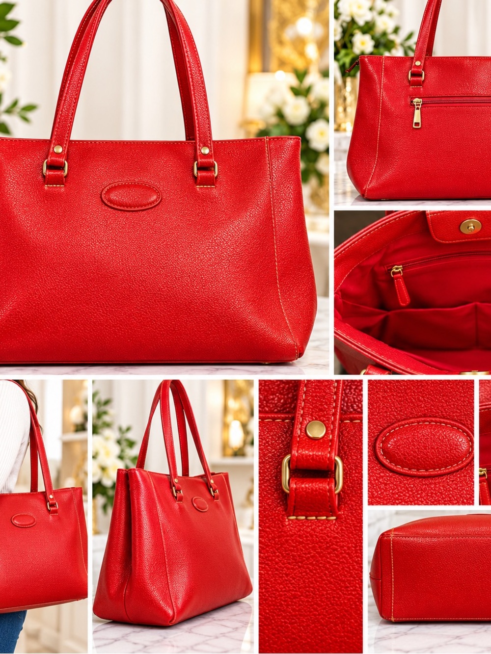 Red Leather Tote Bag - Classic Women's Work & Everyday Handbag